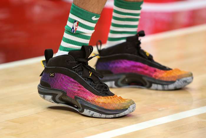 View of Jayson Tatum's shoes.